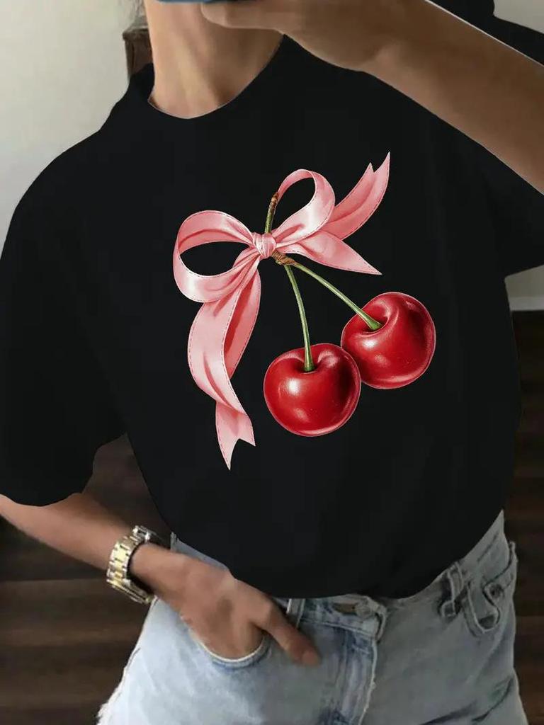 Women's Cherry Print Short-Sleeve Top with Free Shipping