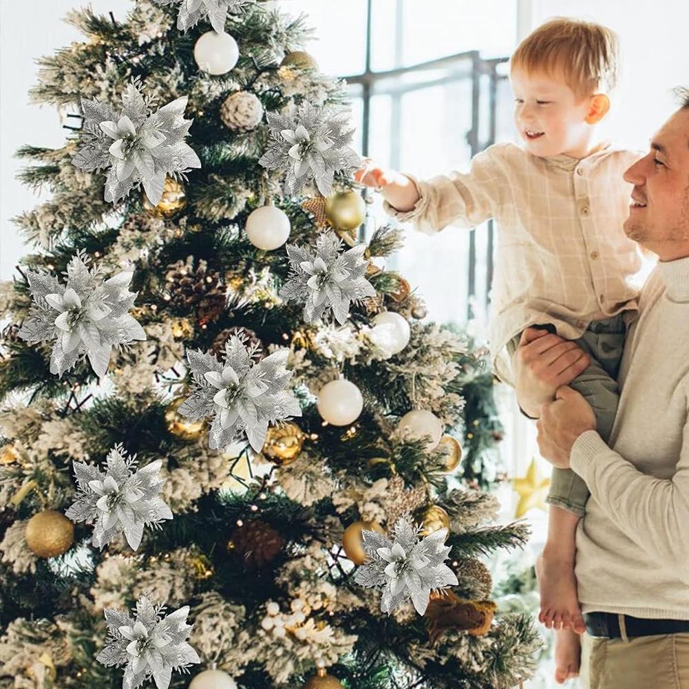 12Pcs Christmas Poinsettia Christmas Tree Flowers Ornaments Decorative DIY Wreath 14cm with Clips for Stairs Window Fireplace