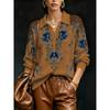 2026 women's loose imitation wool knitted sweater, retro floral leopard print lapel V-neck top