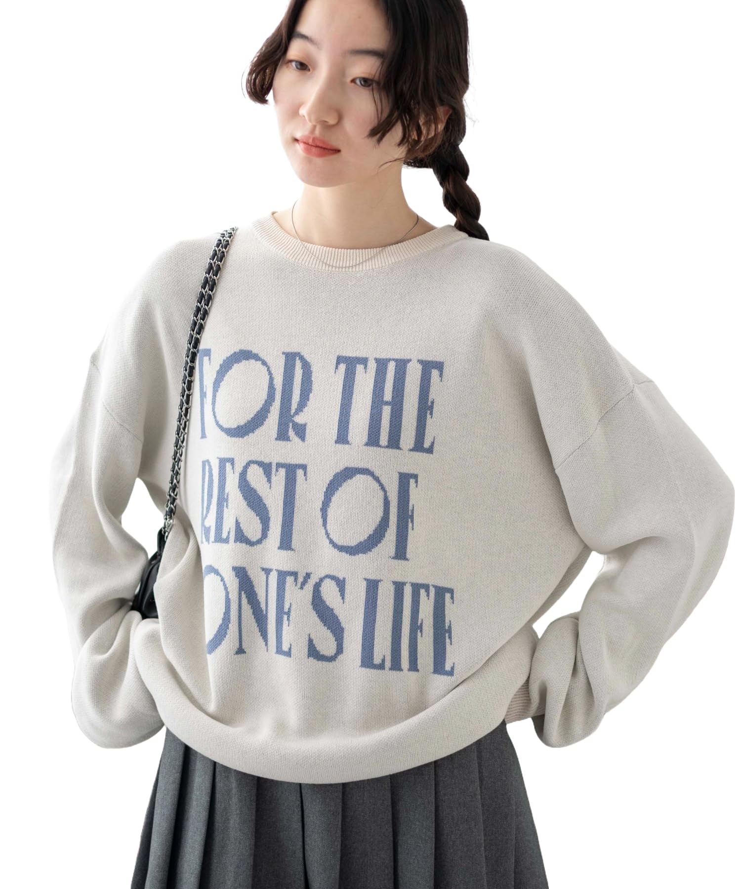 

WEGO Logo Jacquard Knit Pullover Spring Loose Korean Long White Ivory Sweater, Clothing, Fit, Casual, Style, Sleeves, Gift, Women s,