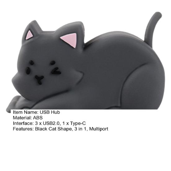 Estação de encaixe USB para laptop em formato de gato preto 3 em 1 multiporta USB 2.0 de alta velocidade USB tipo C Hub adaptador acessórios para PC