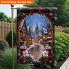 2D Flat, 2D Flat Printing Garden Flag 1pc, Christmas Winter Village Scene Durable Single-Sided Print Yard Flag, Garden & Home Holiday Decoration, 29.9