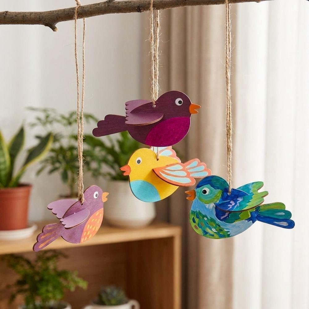 Unfinished Wooden Bird Craft Kit with Rope Handmade 3D Wood Bird Ornament with Wings Painting DIY Bird Hanging Decor