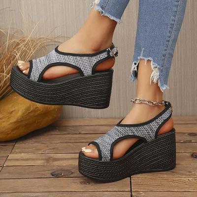 Sommer High Heel Sandalen Damen Hohl Gestricktes Netz Peeptoe Sandalen Mode Slingback Keilabsätze Dicksohlige Plateau-Sandalen