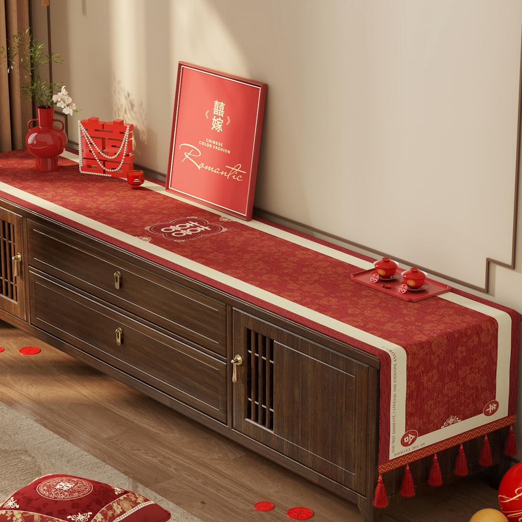 Wedding Tv Cabinet Tablecloth Light Luxury High-End Red Side Cabinet Long Strip Cover Festive Coffee Table Decorative Cloth
