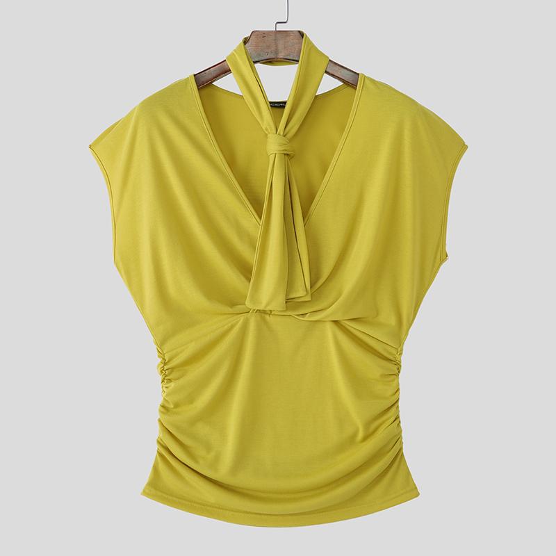 INCERUN Maiouri fără mâneci cu decolteu în V pentru bărbați, culoare uni, răsucite, cu talie subțire