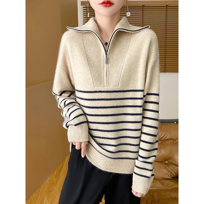 Women's Half-Zip Color Block Striped Knit Sweater - Korean Style Casual Loose Outerwear for Autumn/Winter.