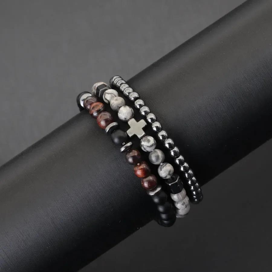 New 3Pcs Natural Stone Beads Bracelet Set With Black Onyx Tiger Eyes Hematite Healing Braclet Gifts For Him Lava Accessories