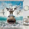 Funny Animal Shower Curtain, Cool Raccoon Riding Shark Theme Ocean Shower Curtain For Bathroom, Fun Nautical Kids Children Fabri