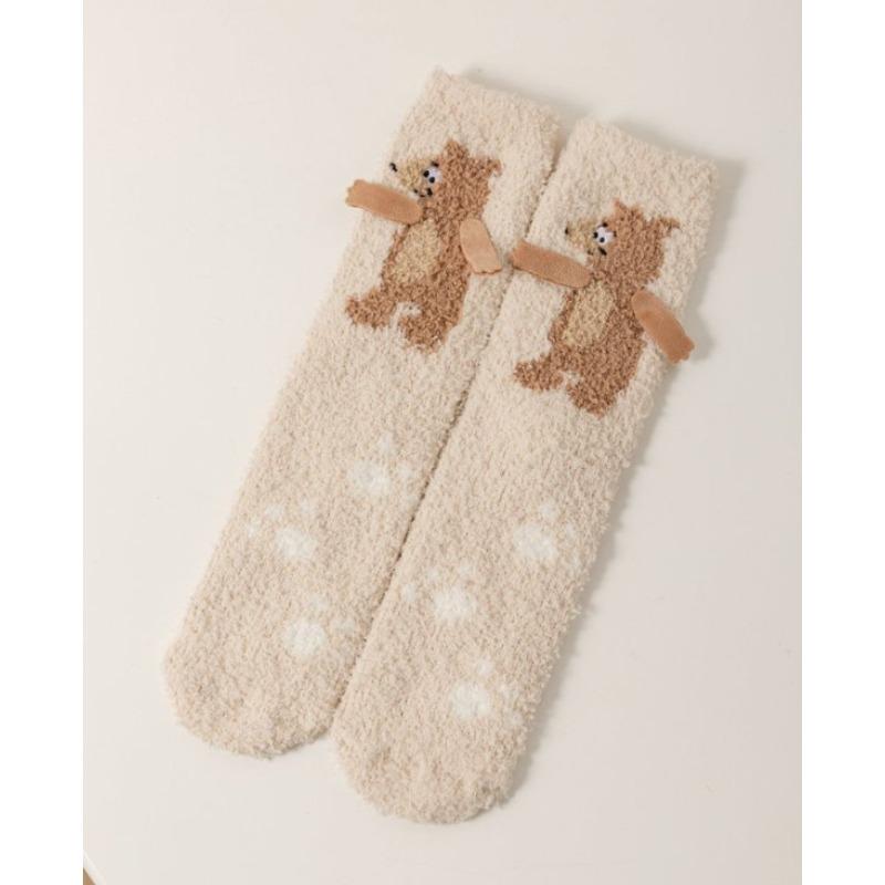 Autumn and Winter Coral Fleece Socks, Women's Cartoon Socks, Half-fleece Thickened Home Floor Socks, Sleeping Socks, Mid-calf Women's Socks