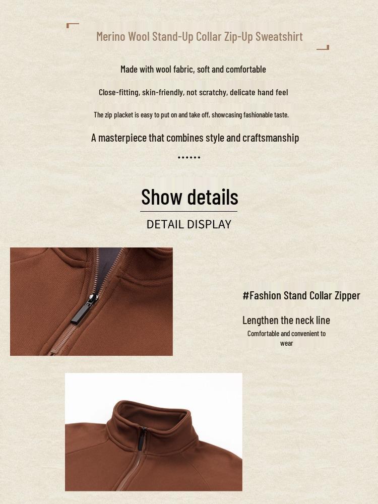 Men's Warm Wool-Blend Zipper Base Layer Shirt with Plush Lining and Stand Collar