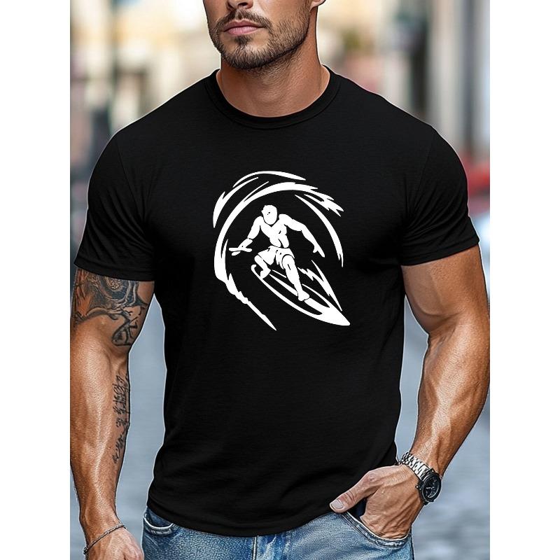 European Size Men's T-shirt, Simple and Stylish, Relaxed and Casual, Men's Surfer and Wave Pattern Summer Casual Crew Neck Short Sleeve T-shirt