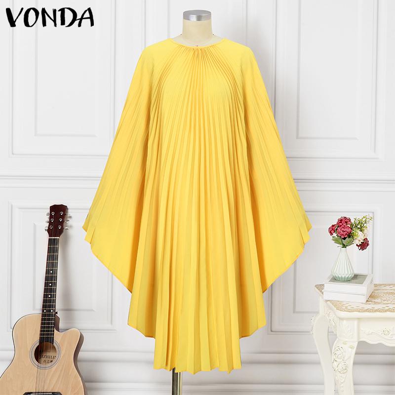 VONDA Robe trapèze plissée à manches longues et col rond pour femme