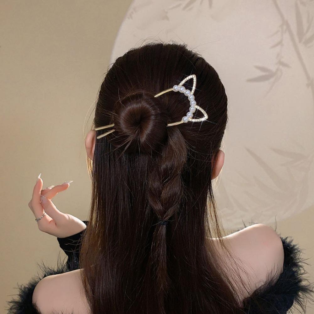 1pc Exquisite Fashion Cat Ear U-Pin Hair Clip Pearl Rhinestone Chinese Ancient Style Hairpin Elegant Headdress for Women