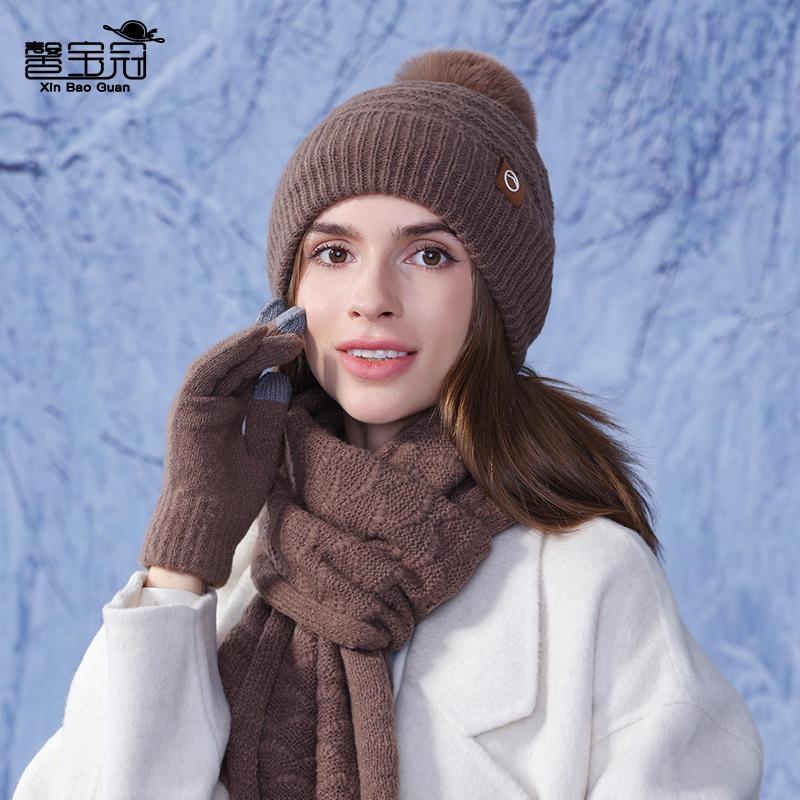 Winter Warm Hat Scarf Gloves Three-piece Women's Outdoor Fleece Thickened Ear Protector Head Knitted Wool Cap