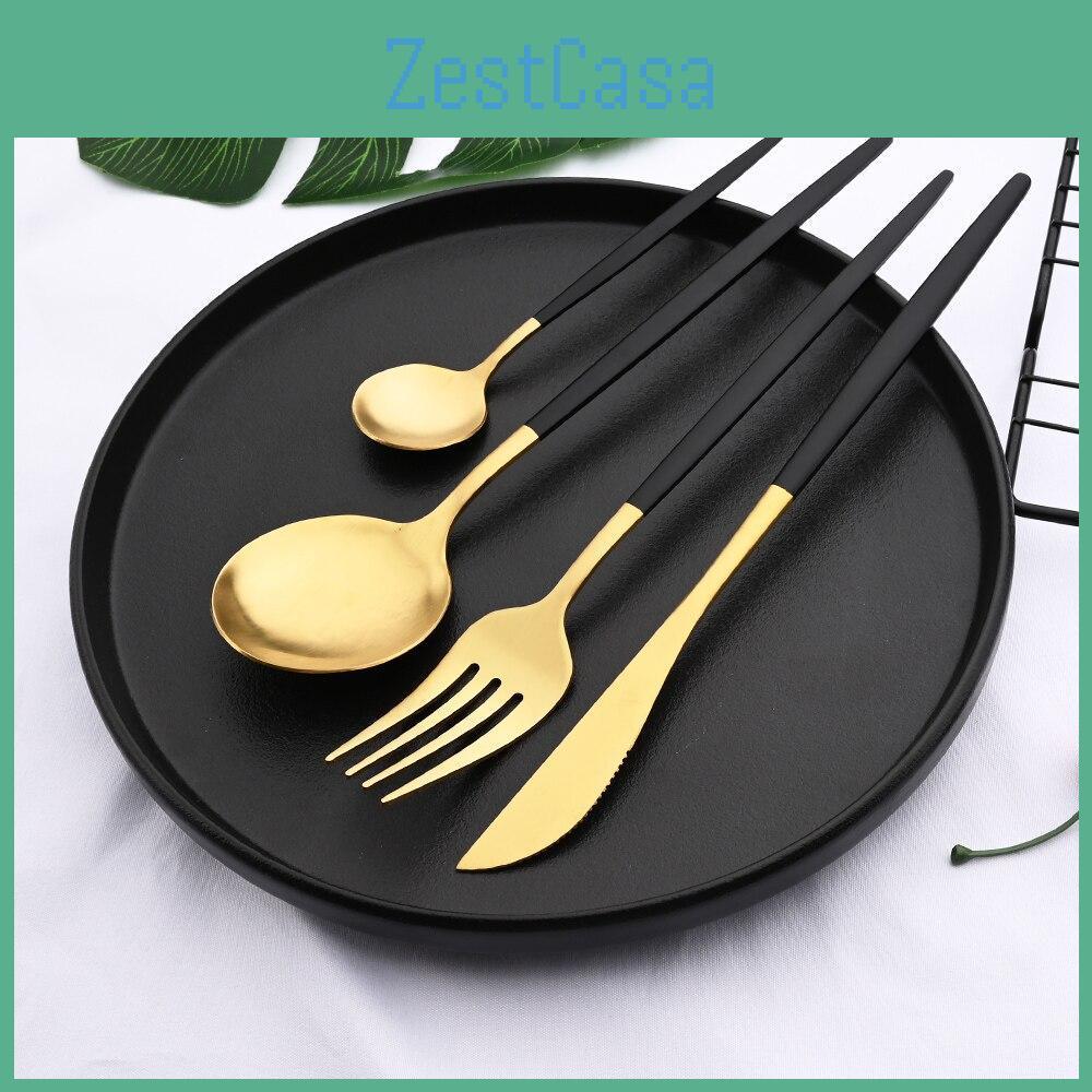 Schwarz 4 Stück Abendessen Edelstahl Gold Matt Geschirrset Messer Gabel Teelöffel Besteckset Küchentischgeschirr Besteckset