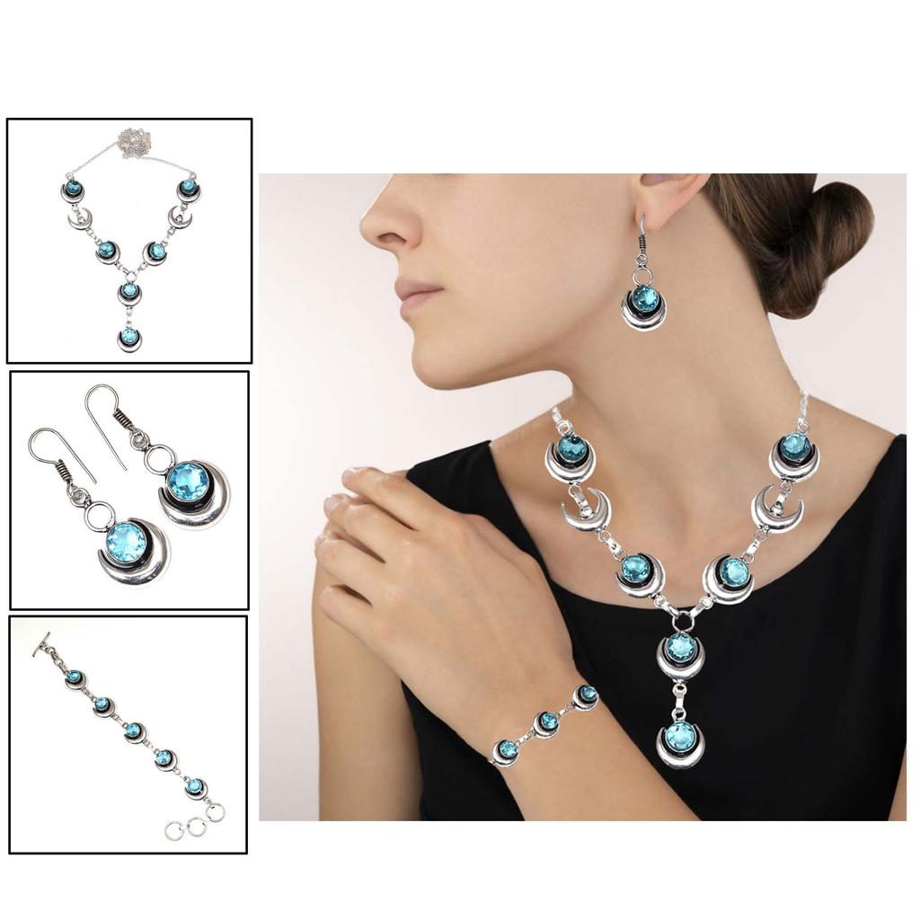 Swiss Blue Quartz Gemstone Women's Unisex Jewelry Necklace Set 18-20''