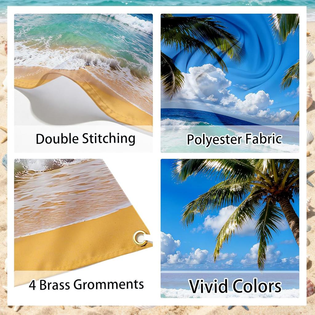 Summer Beach Backdrop Tropical Hawaiian Ocean Background 7x5FT with 19.69ft Ribbon, Palm Tree Banner for Luau Party Decorations Wedding Birthday Baby