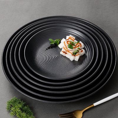 Round Striped Black Plastic Dining Plate, Food Grade Melamine Tableware, Barbecue, Meat, Buffet Plate, Snacks, Home Kitchen