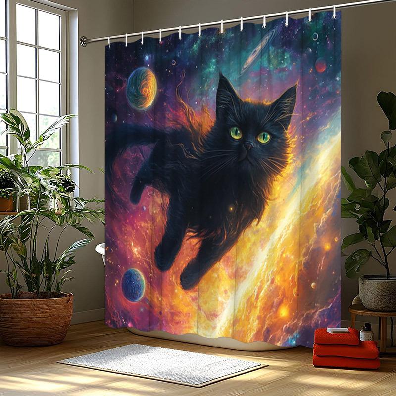 

Galactic Black Cat Shower Curtain - Water-Resistant, Easy To Clean, Adds A Cosmic And Mystical Touch To Your Bathroom Decor W60H190(CM)-1 Pcs