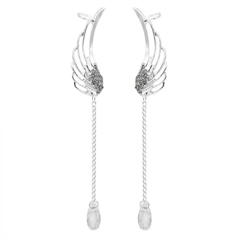 Boucles d'oreilles longues ailes d'ange creuses pour femmes, 2 pièces, jolis strass en cristal, Clip de manchette, bijoux en diamant