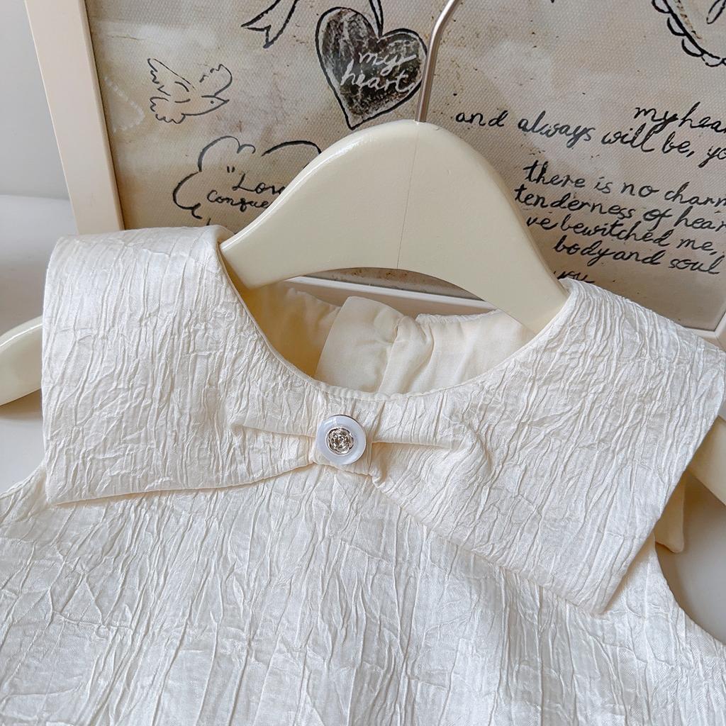 Summer Girls White Jacquard Sleeveless Dress With Large Collar And Irregular Ruffles Princess