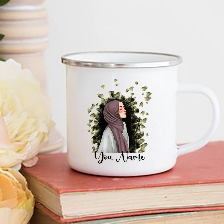 Personalised Hijabi Girl Printed Mug Coffee Cups Drinks Water Cup Muslim Girls Custom Name Enamel Handle Mugs Handle Eid Gifts