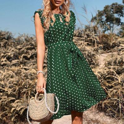 Vestido elegante plisado con cordones, estampado de lunares, manga corta, cuello redondo, S-XL