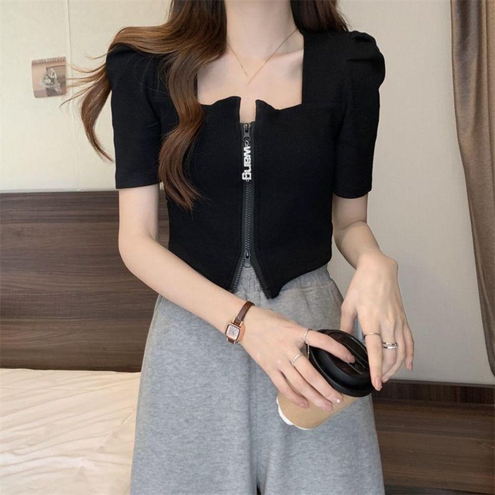 Loose Double Zipper T-shirt Slim Fit Crop Tees for Women Stylish Short Sleeved T Shirts  Female