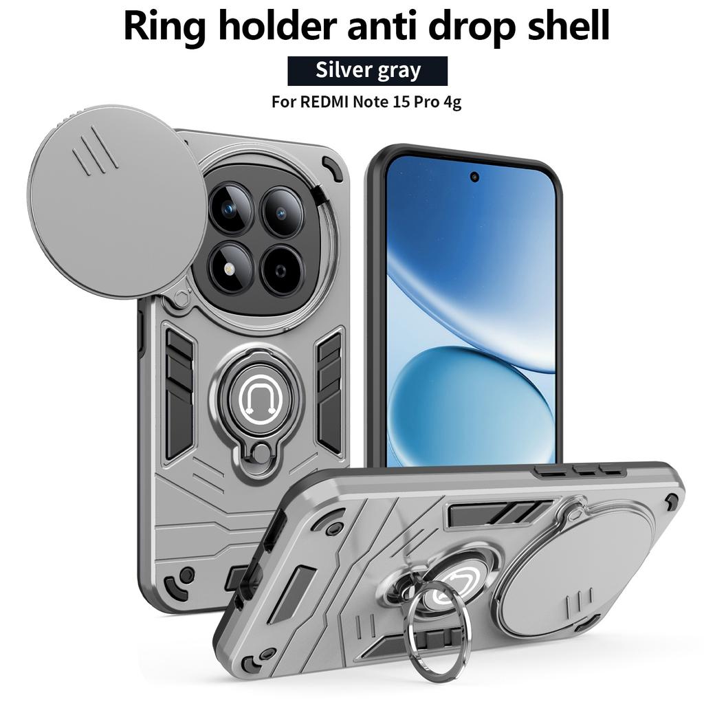 Hybrid Armor Shockproof Case For Xiaomi Redmi Note 15 Pro 4G 14Pro Plus 5G Sliding Window Metal Ring Holder Phone Cover Fundas