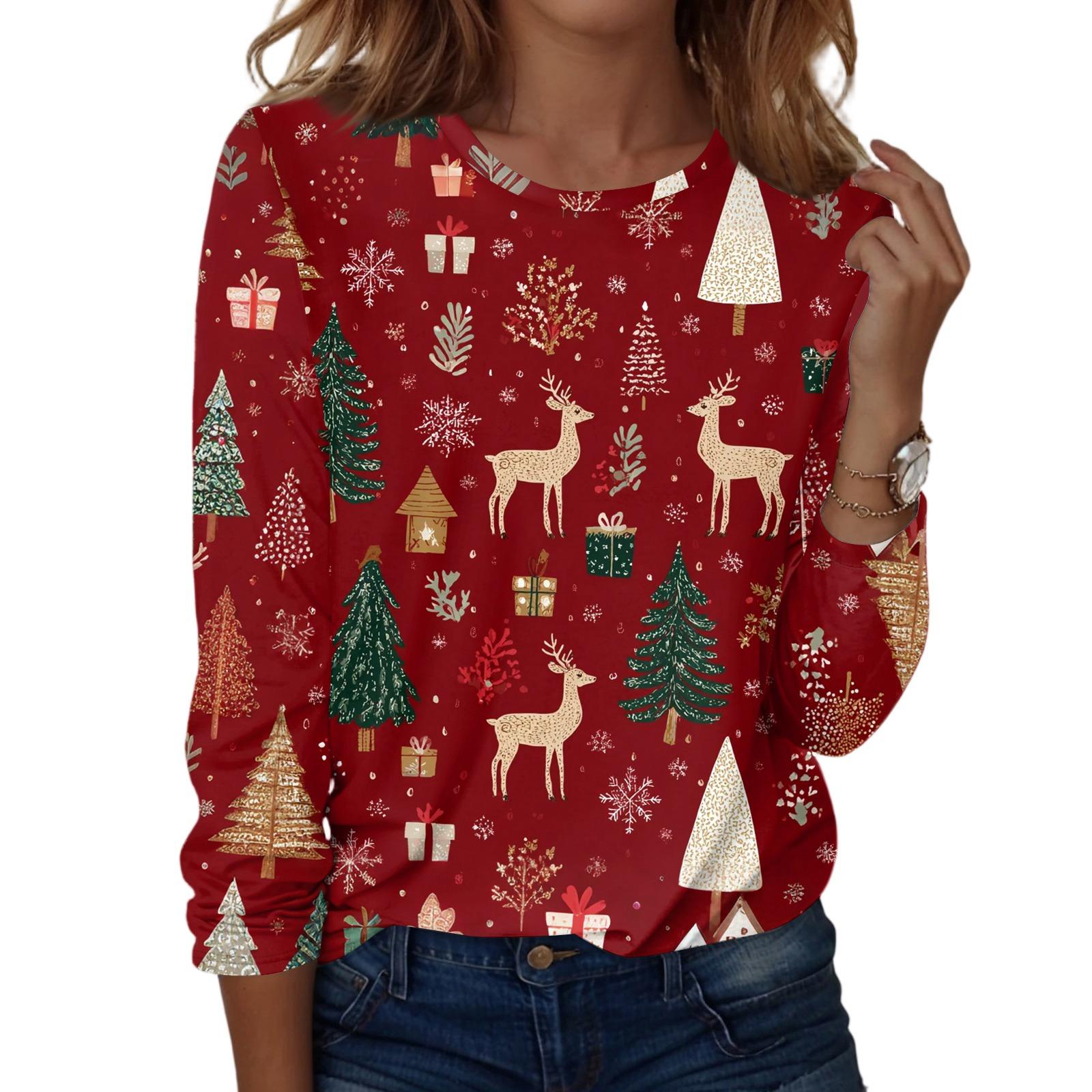 

Женская мода повседневный рождественский принт круглый вырез длинный рукав пуловер топ XL винный
