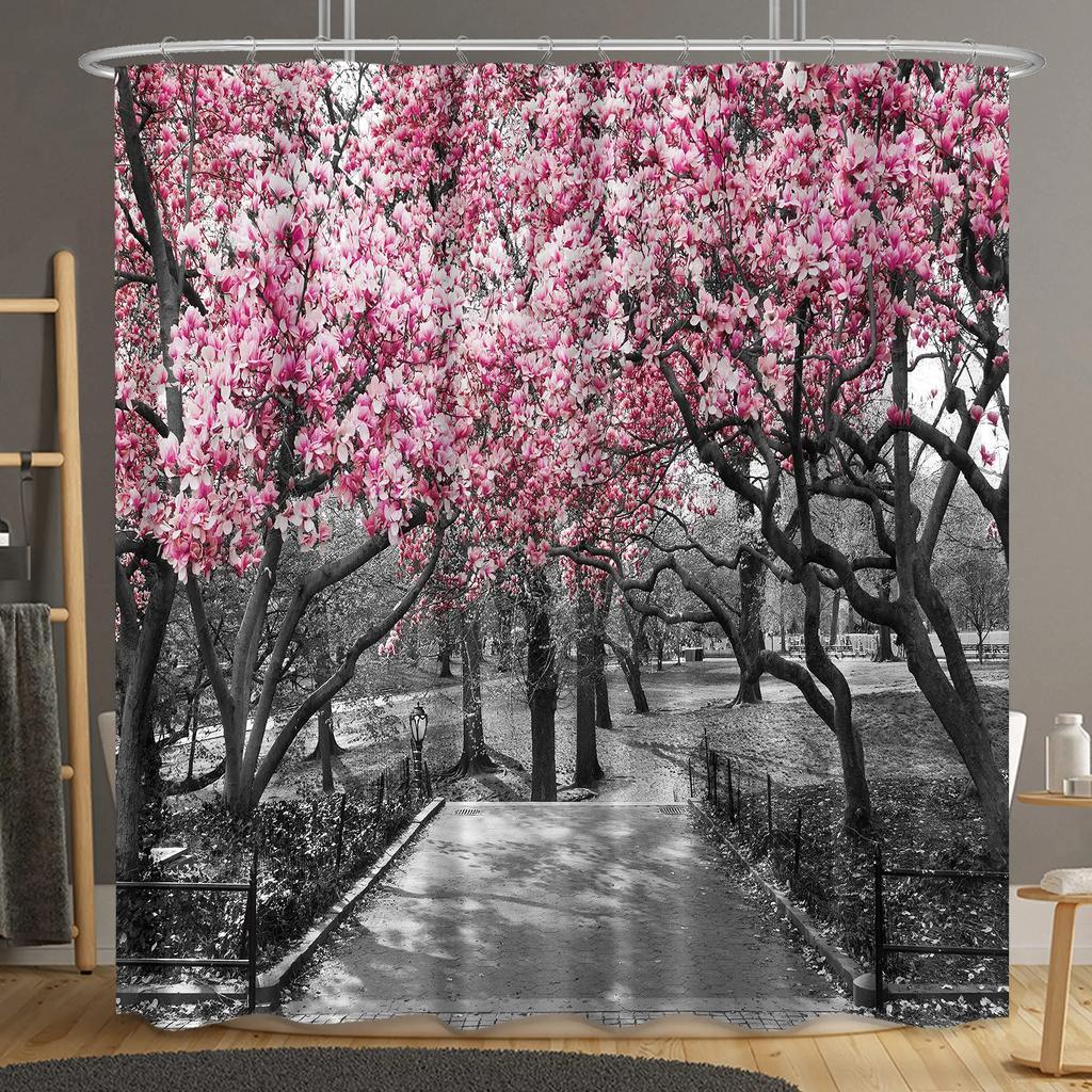Pink Floral Shower Curtain Kids Decor Spring Flower Park Forest Road Landscape Scenic Bathroom Curtain Decor Set with 12 Hooks