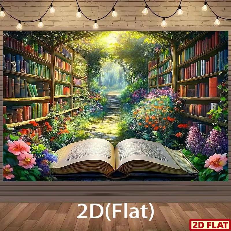 2D Whimsical Book Garden Banner, Open Book with Enchanted Forest Art