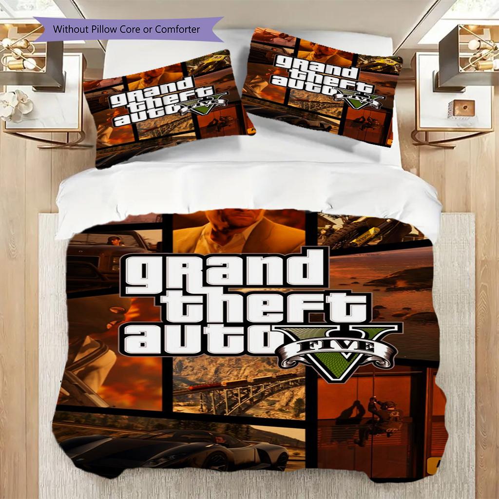 Grand Theft Auto Online Action Adventure Bedding (1 * Duvet Cover + 2 * Pillowcase, Without Core) 2D Flat Christmas Birthday Gift Bedding Set