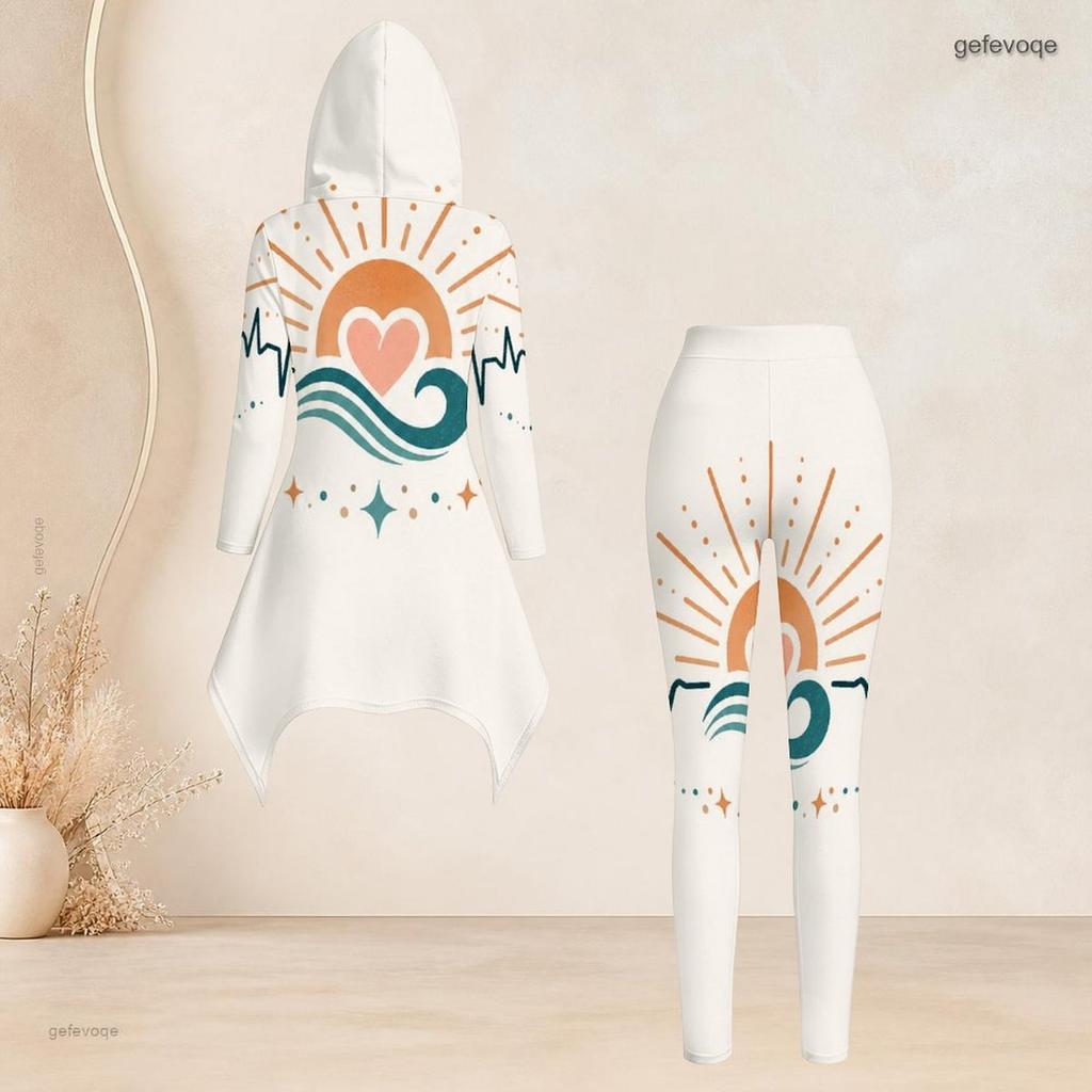 Women Plus Size Two Piece Hooded Long Sleeve Top And Pants Halloween Skull Witch Moon Print Loungewear Set
