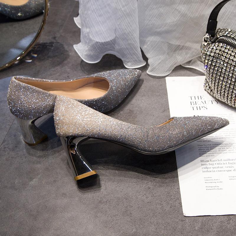 Sequins Wedding Party Shoes Women Sexy Pointed Toe 6.5cm Thick Heel Pumps Woman Slip-On Shining Banquet High Heels Shoes Female