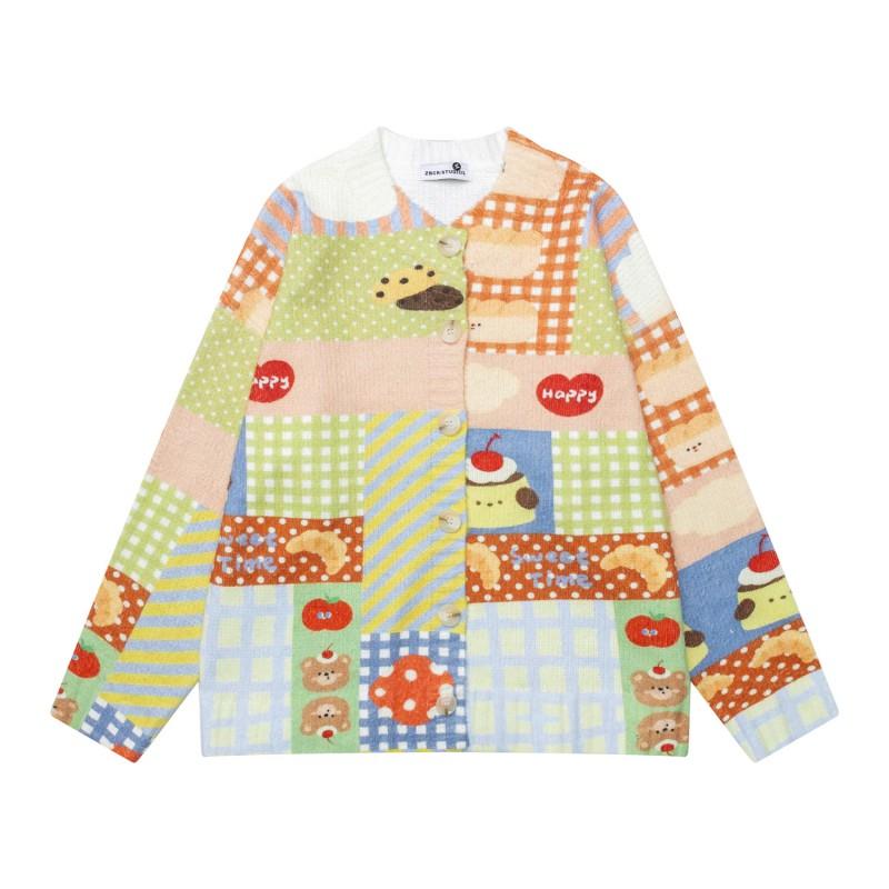 American Retro Fun Cartoon Print Knit Cardigan Men Women Couple Casual Loose Fit Top