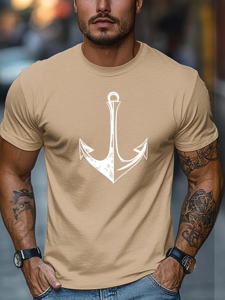 Unisex Navy Crew Neck Tee White Vintage Line Anchor Silhouette Nautical Ocean Sailor Minimal Sea Theme Soft Cotton Male Casual Tops