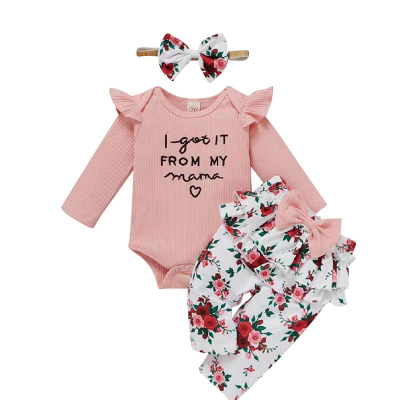 

Комплект одежды для малышей, комбинезон с длинными рукавами и рюшами с буквенным принтом, штаны с цветочным принтом и повязка на голову, 3 предмета 70