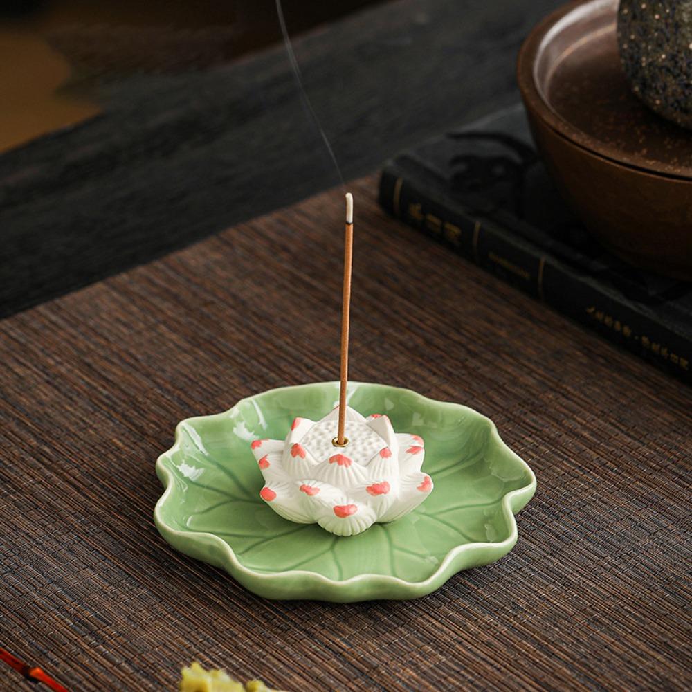 Creative Frog Lotus Ceramic Incense Holder with Lotus Leaf Tray Ash Catcher Zen Incense Burner Incense Stick Holder Home Decor