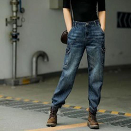 Spring and Autumn High Waist Work Clothes Jeans Women's Loose Pants Elastic Waist Straight Tube High Waist Slimming Pants