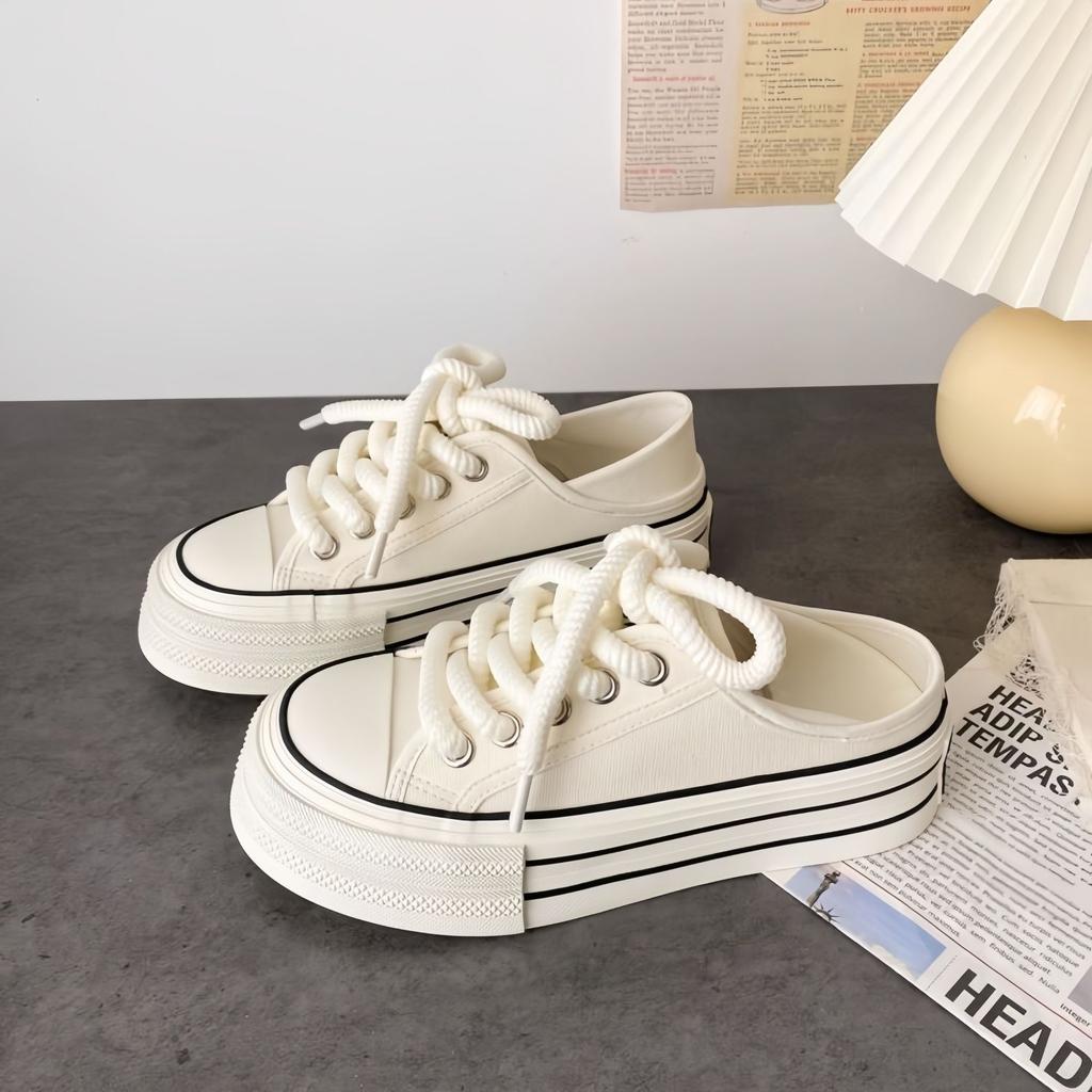Milk white platform canvas shoes 2025 new summer new niche height increase casual board shoes pedal white shoes women's tide