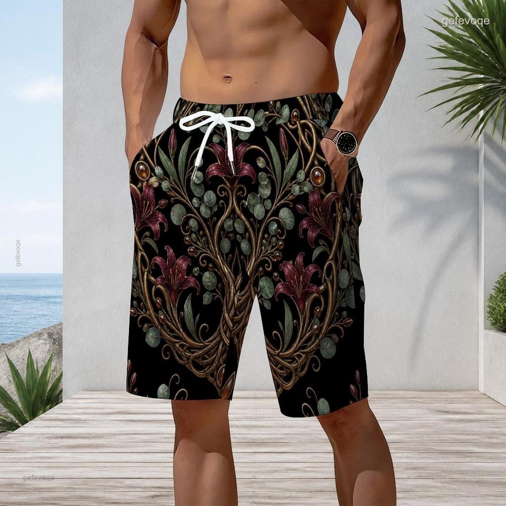 Mens Plus Size Beach Shorts Luxury Glitter Gold Dark Green Swirl Print Casual Drawstring Quick Dry Shorts For Summer Swimming Surfing Beach Holiday