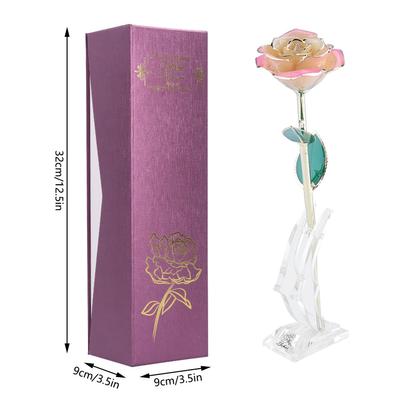 Plaquage Or 24K Fleur Blanc Rose Rose Feuille Verte Base Décoration Cadeau pour la Saint-Valentin
