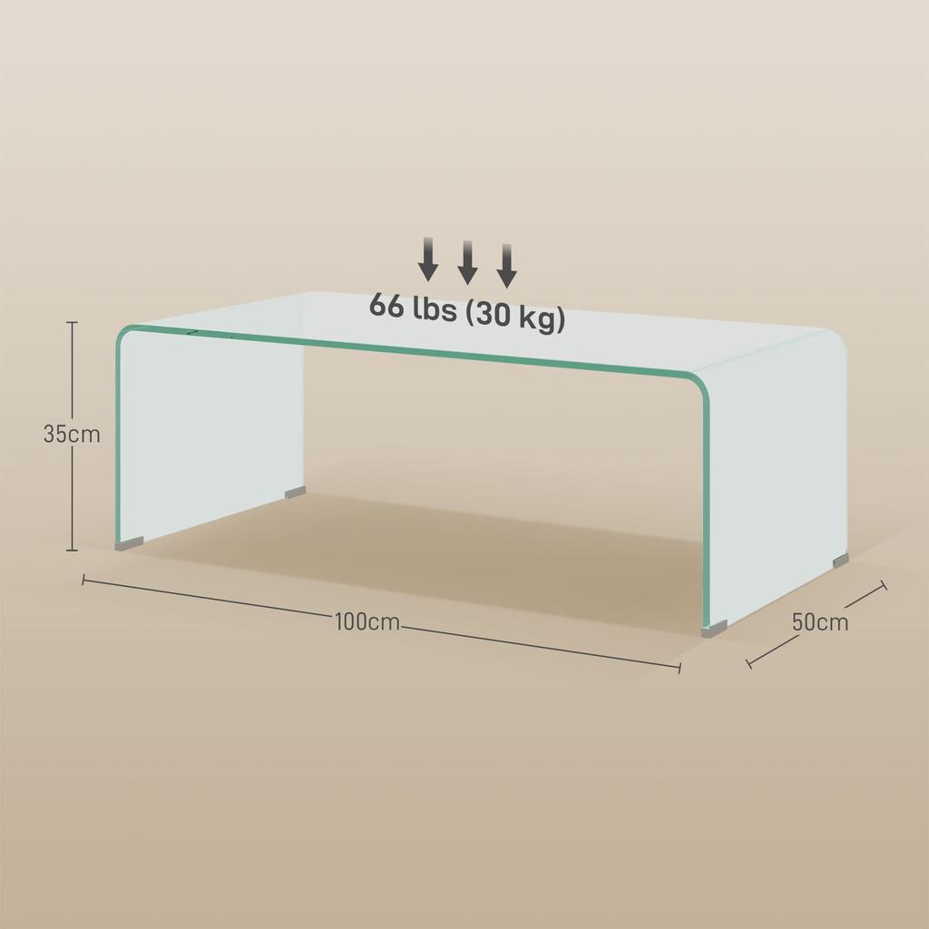 Modern Tempered Glass Living Room Coffee Table with Monobloc Design, 100x50x35 cm, Transparent