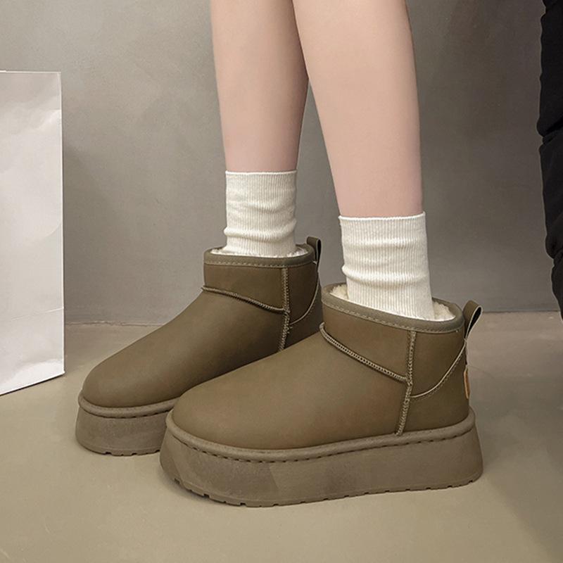 Medium Heel () Rubber PU Round Head Winter Warm Winter Boots Flat Bottom Sleeve Short Solid Color Snow Boots