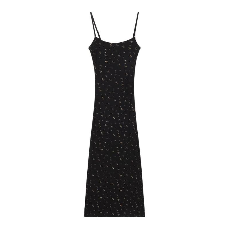 Floral Suspender Dress Female Summer Spice Tight Black Waist Sexy Split Hip Long Dress