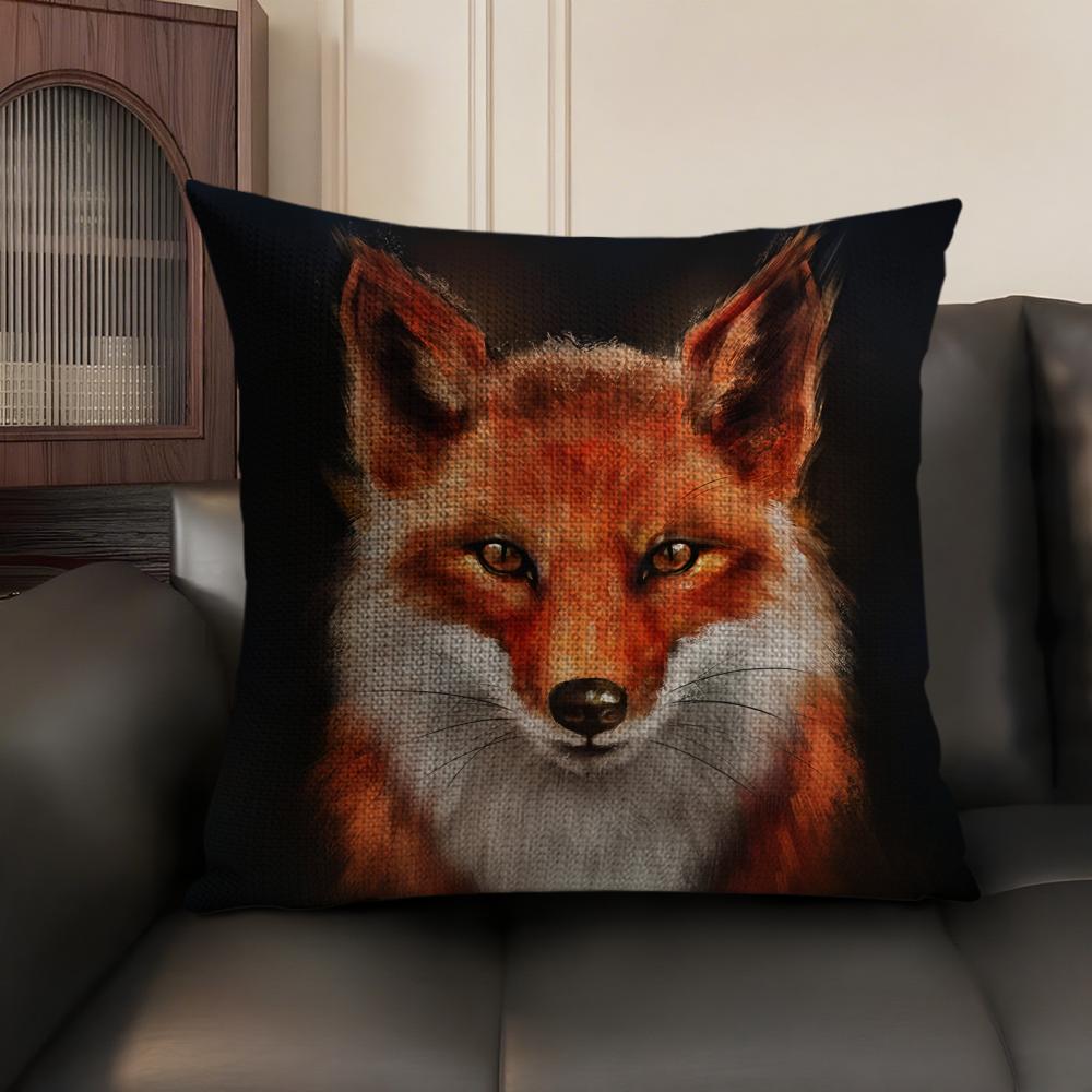 Cute Fox Cushion Cover Summer Breathable Linen Organic Fabric Double-Sided Printing Sofa Pillow Case Home Decor