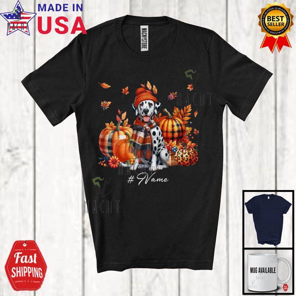 Custom Name Dalmatian Plaid Pumpkins Thanksgiving Fall Leaves Family T-Shirt 3XL
