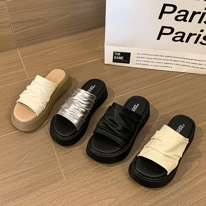 Fashion 2025 New Thick-Soled Height-Increasing Wrinkled Leather One-Line Flip-Flops for Women Soft Leather Bottom Cool Slippers